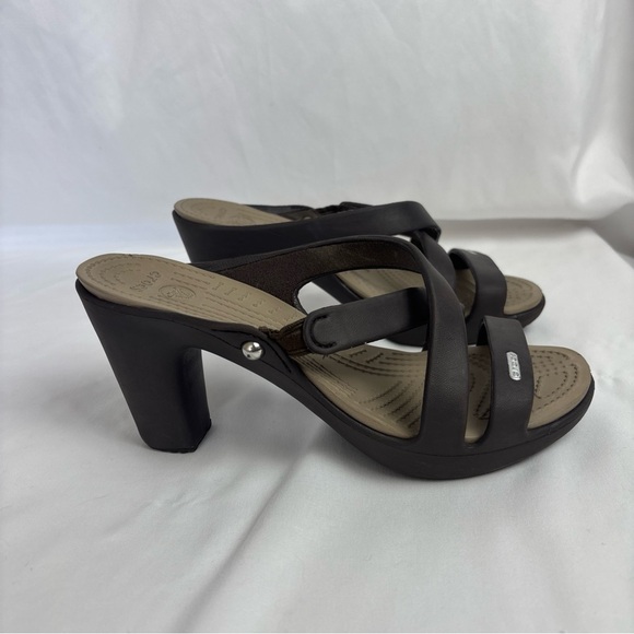 Crocs Sandals Heels Womens 8 Cyprus IV Brown Chunky Slide Slip-On Shoes Comfort - Picture 9 of 11